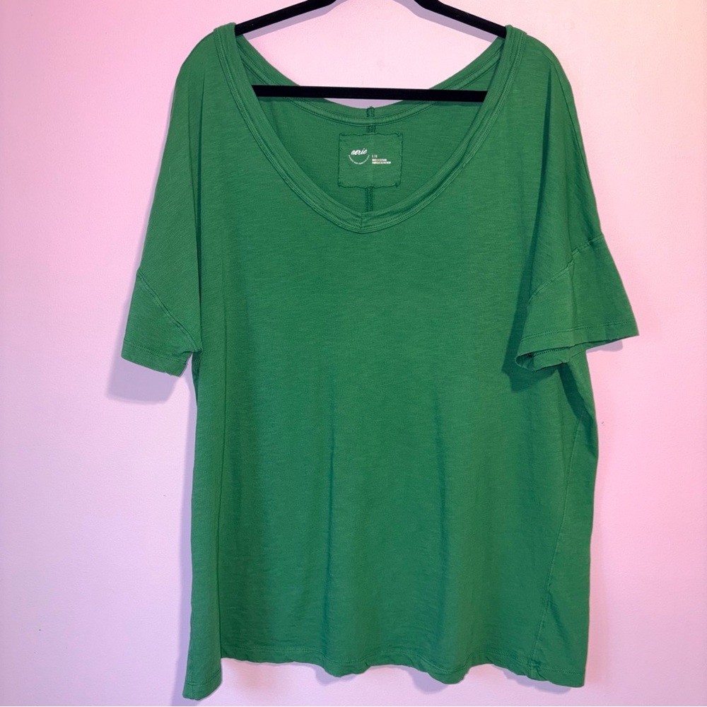 Aerie Distressed Basic V-Neck Boyfriend T-Shirt Women L Boxy Cotton Lounge Relax